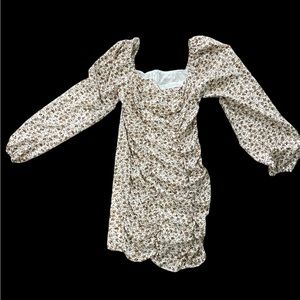 Brown tan white puff balloon sleeve fitted smocked floral mini dress S New